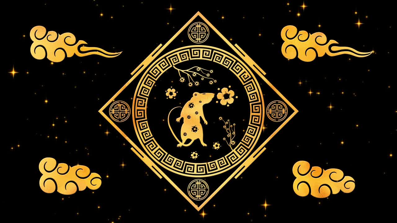 fondo de oro año nuevo chino con oro y negro, rata, 3d rendering bucle 4k. mágico feliz año nuevo animación