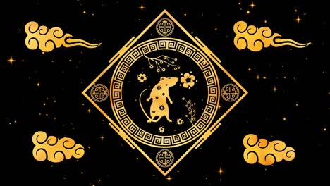 gold chinese new year background with gold and black, rat, 3d rendering loop 4k. magical happy new year animation