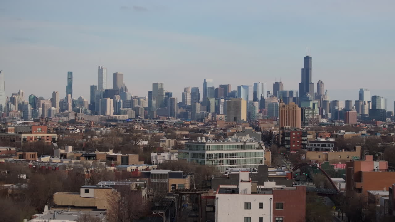Aerial view of the Chicago skyline. Shot on a spring afternoon