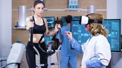 female scientist with virtual reality goggles for sport measuring