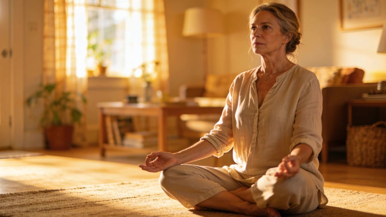 Anziana donna in lino che pratica su un tappeto, con le mani in mudra e in cerca di calma in un soggiorno illuminato dal sole.