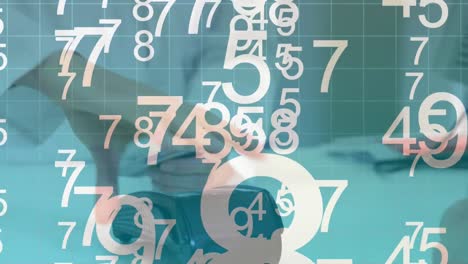 animation of white numbers floating on a grid over caucasian man paying with a credit card