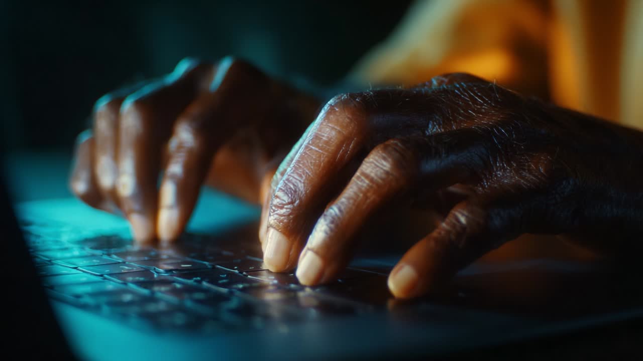 Nærbillede af hænder, der skriver på et laptop-tastatur. Det fremviser de fine detaljer i fingrenes bevægelser og symboliserer forbindelse, kreativitet og digitalt engagement i en moderne verden.
