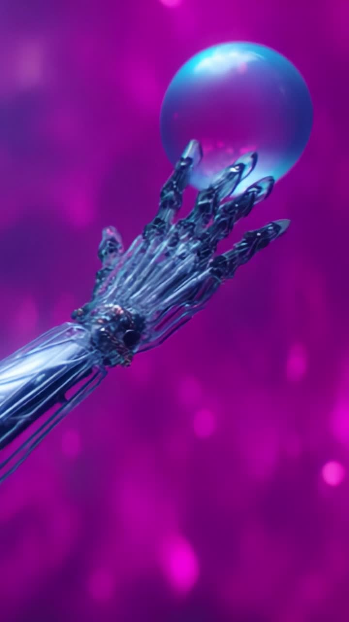 A futuristic robotic hand delicately balances a glowing orb against a vibrant purple backdrop, showcasing intricate design and advanced technology in harmony