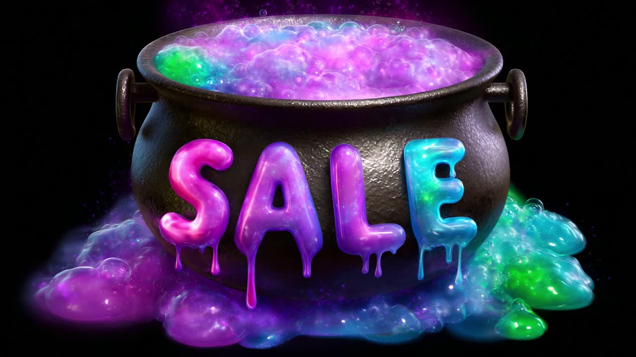 A vibrant, glowing cauldron filled with bubbling liquid, showcasing colorful 'SALE' lettering that drips down the sides, creating an eye-catching scene perfect for promotions