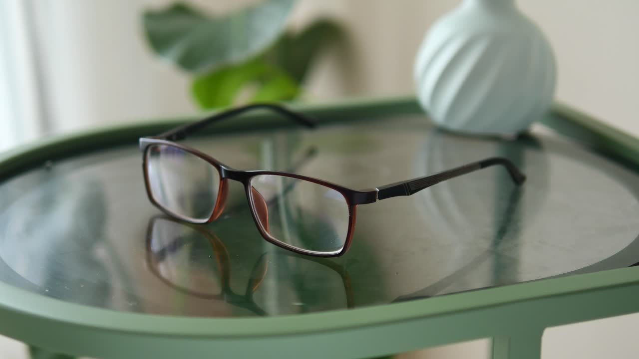 Close Up of Eyeglasses Resting on a Green Glass Table