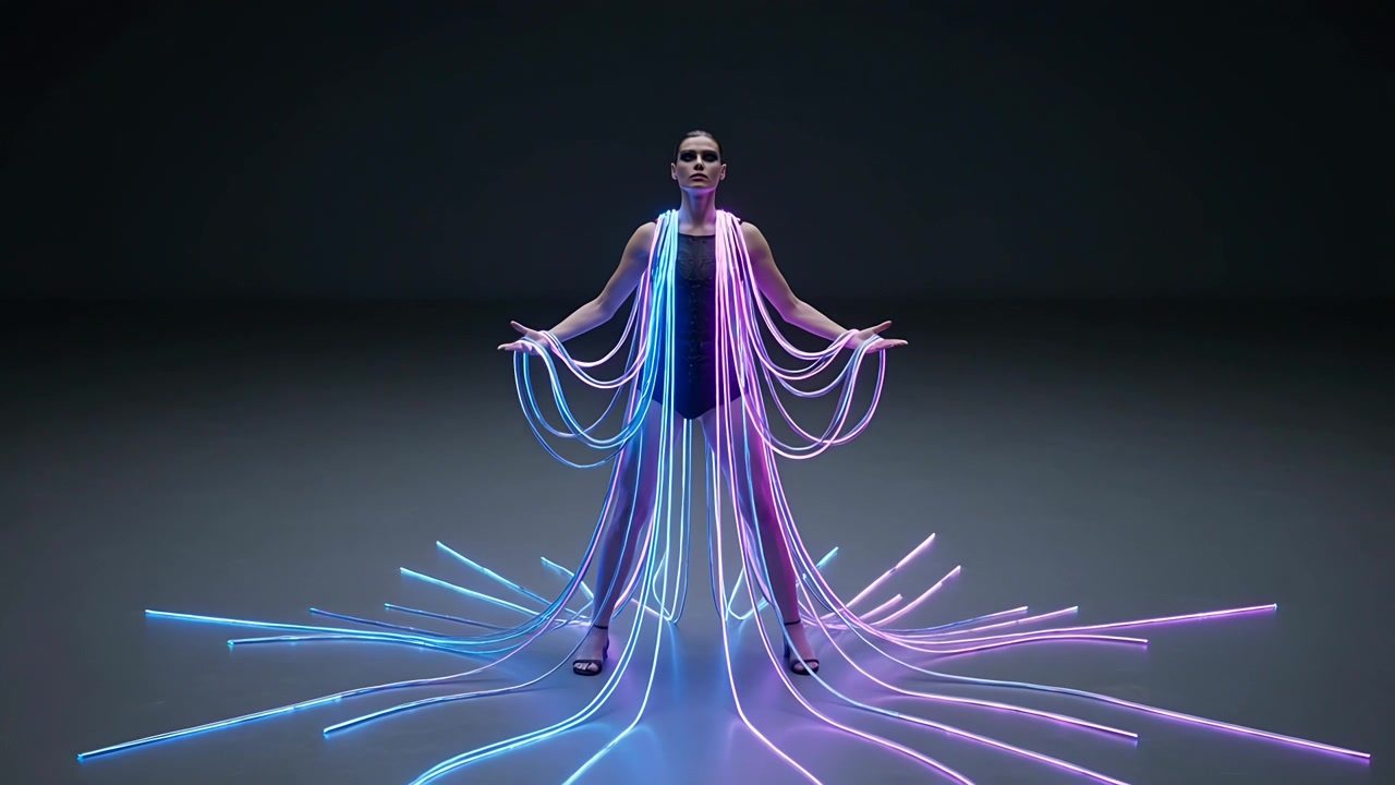Lights activating woman posing on dark glossy floor in bodysuit, neon strands fanning forming ring