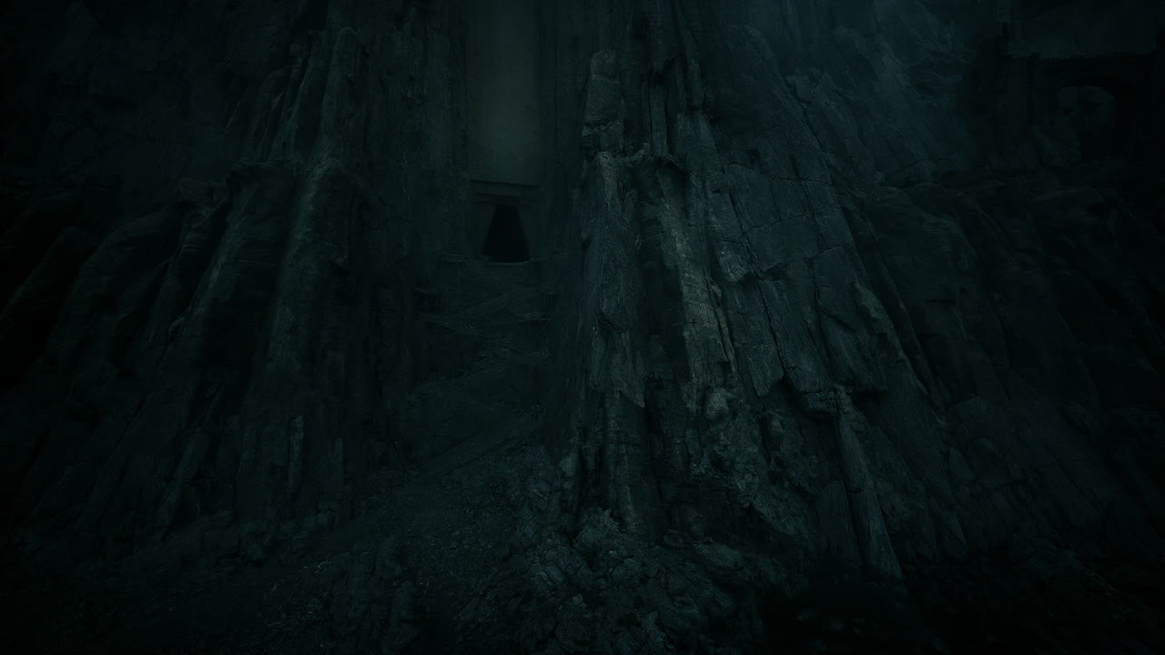 Mysterious rocky cavern damp mossy cliffs with deep grooves and shadows