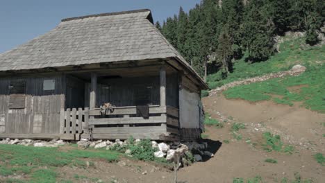 camera panning right to left movement showing the old wooden shelter in the "curmatura builei