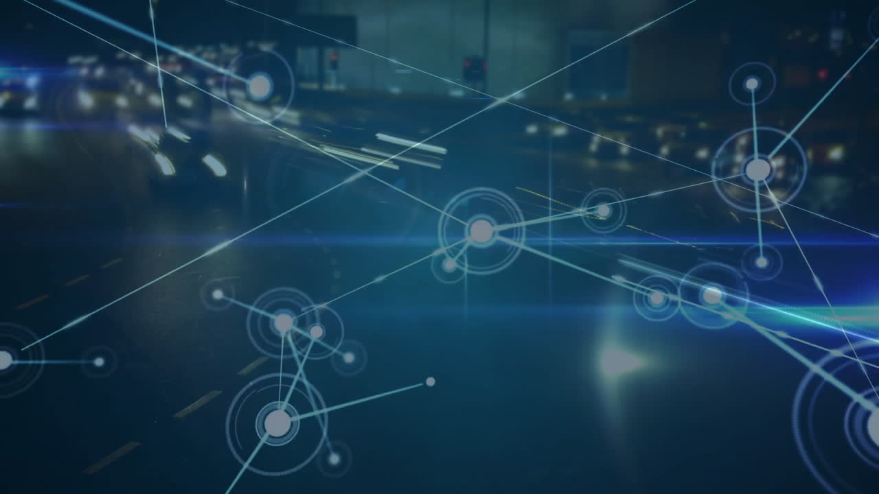 Network of connections and data processing animation over busy city street