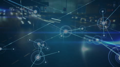 network of connections and data processing animation over busy city street