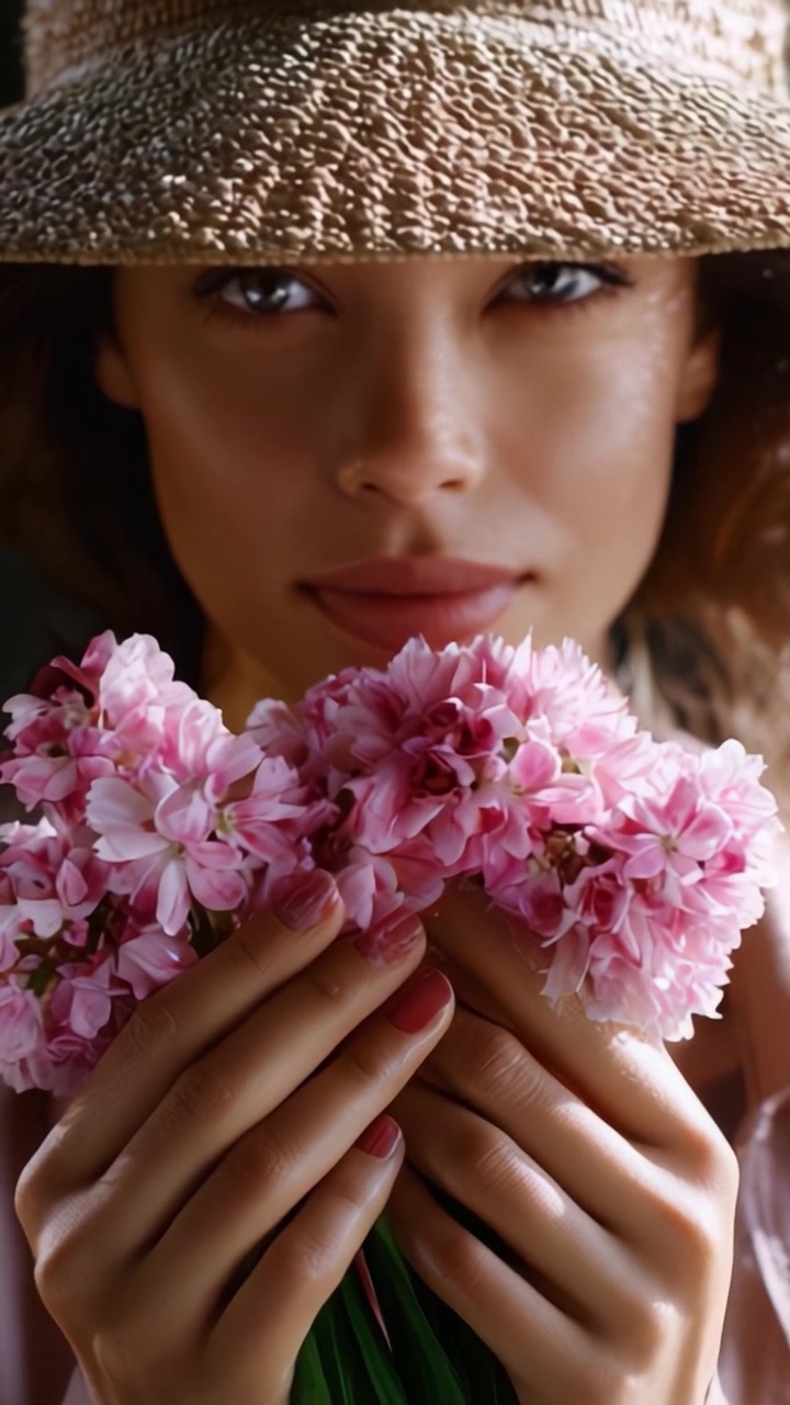 Un momento sereno catturato con una donna con un cappello di paglia che tiene delicati fiori rosa, irradiando bellezza e tranquillità in un ambiente morbido e naturale.