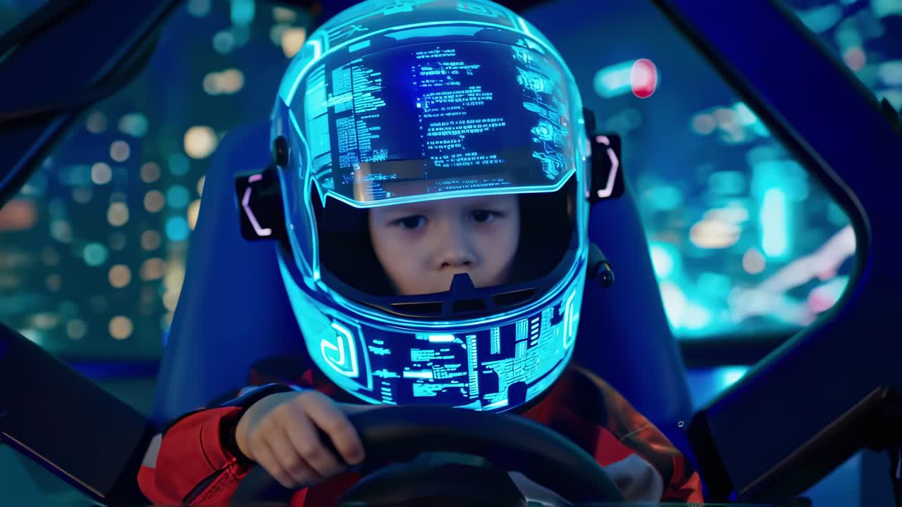Concentrated young male focusing intently, wearing advanced helmet with head up display, operating high tech driving simulator surrounded by illuminating background lights