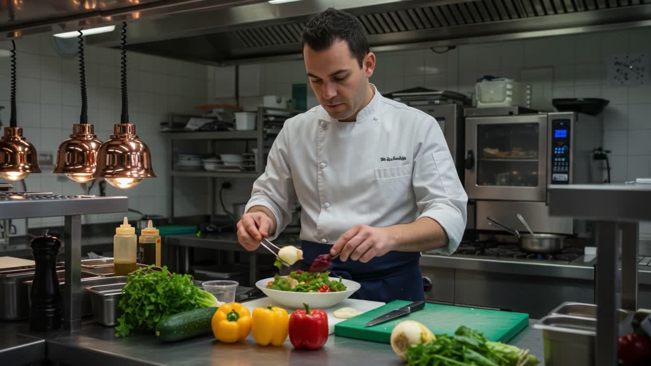 A Professional Chef Skillfully Preparing a Fresh Salad in a Modern Kitchen Environment, Showcasing Culinary Techniques and Fresh Ingredients
