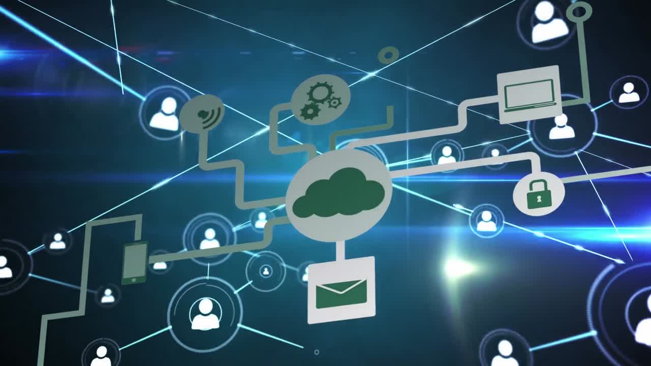 animación de diagrama de flujo de iconos sobre iconos de perfil conectados con líneas y destello de la lente.