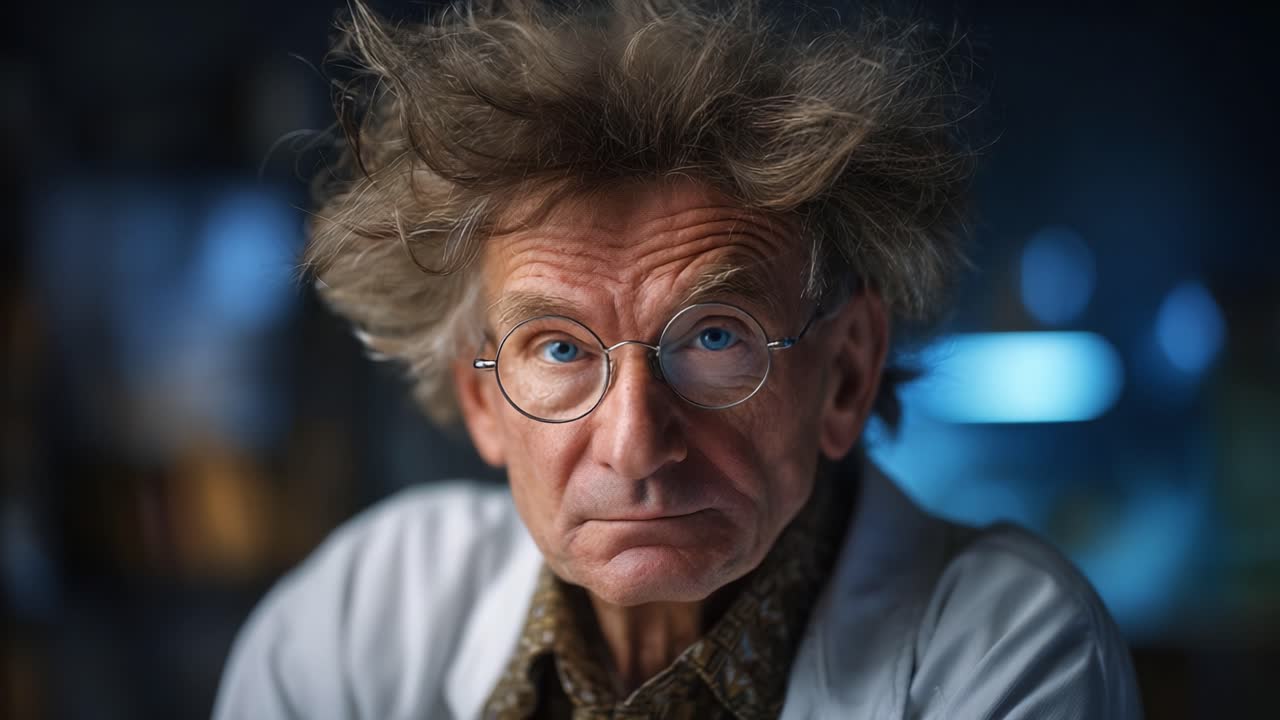 Een nieuwsgierige wetenschapper staart aandachtig met wild haar en een bril en toont excentriciteit en passie voor ontdekking in een laboratoriumomgeving