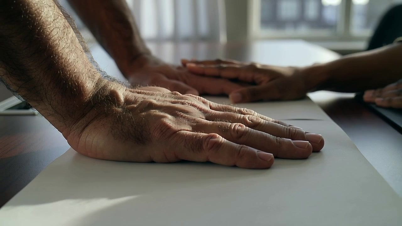 Un uomo con la mano alzata fa spostare un foglio bianco sul tavolo della riunione, mentre una donna si alza leggermente.