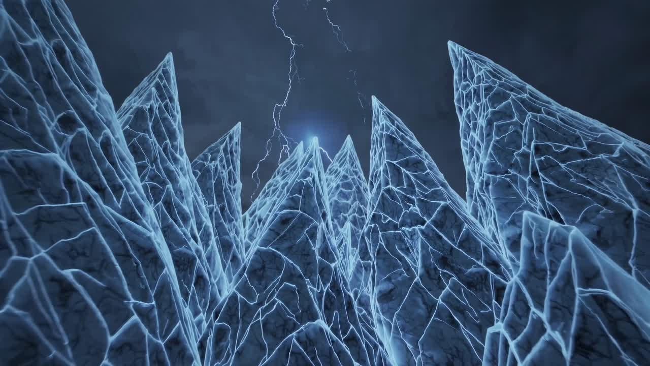 Jagged Ice Peaks Under Lightning Storm