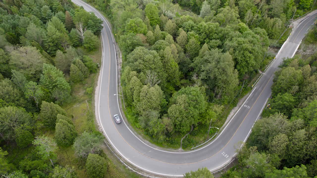 seguimiento de la toma de un vehículo todoterreno haciendo un giro en una carretera rodeada de exuberantes bosques verdes en ontario