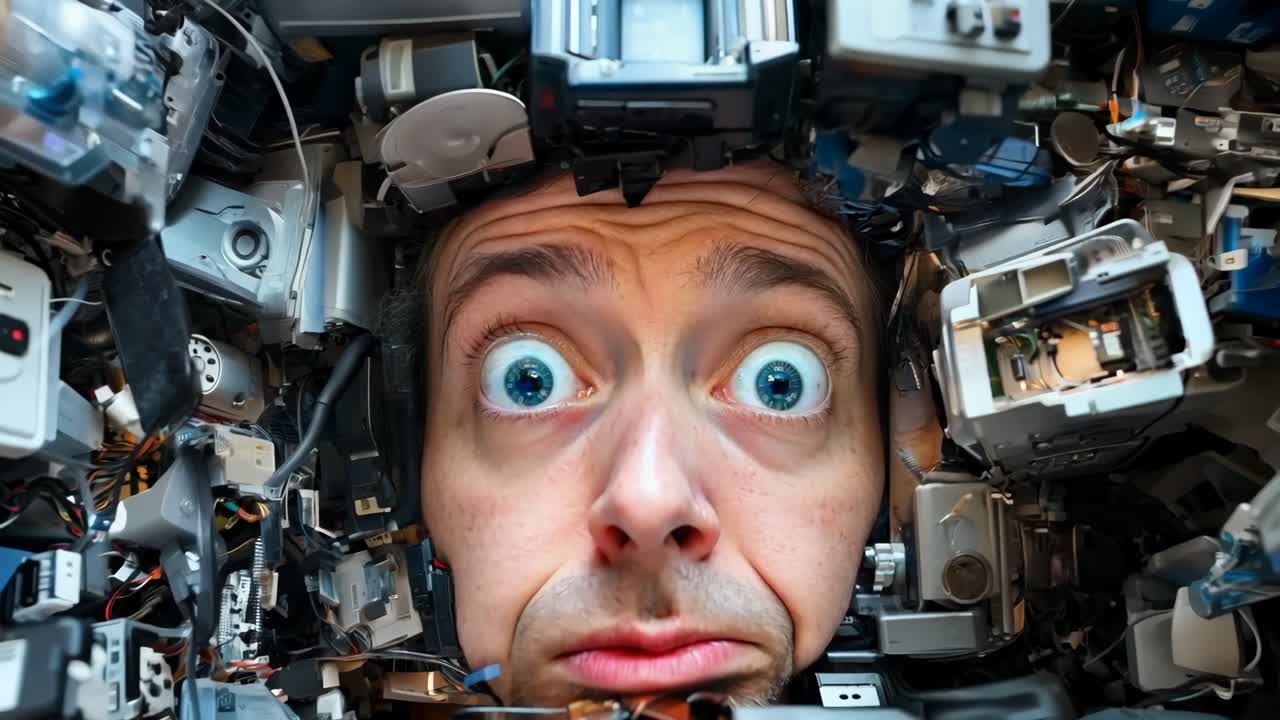 un hombre mirando hacia arriba a una pila de electrónica