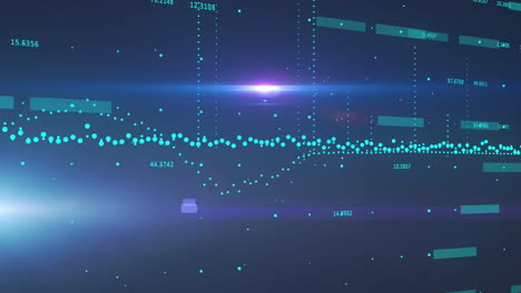 animation of light trails and spots over data processing on black background