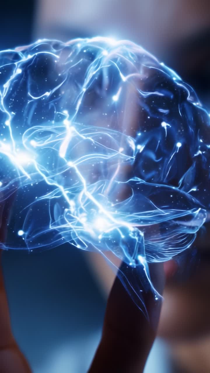 Concetto di cervello illuminato: esplorazione della potenza della neuroplasticità e della connettività mentale attraverso una visualizzazione 3D luminosa che rappresenta pensieri e idee