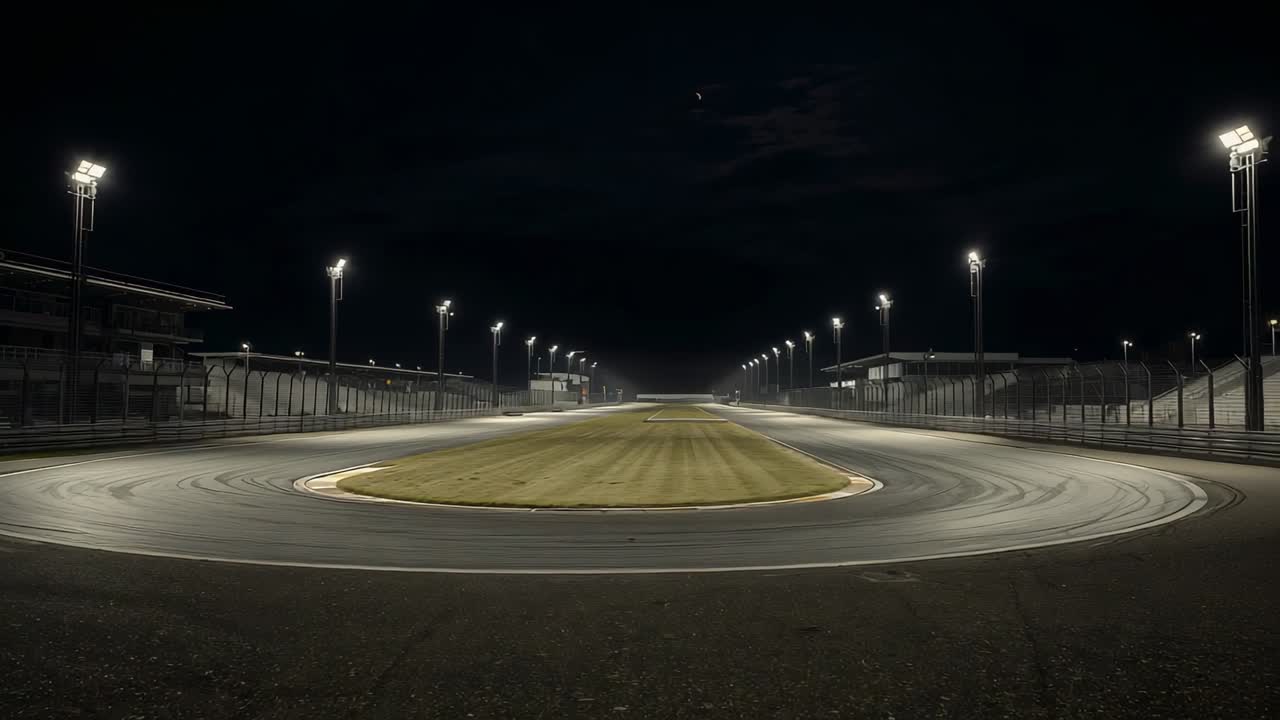 Apertura scena: circuito automobilistico a tornanti vuoto, illuminato dai riflettori, con segni di frenata