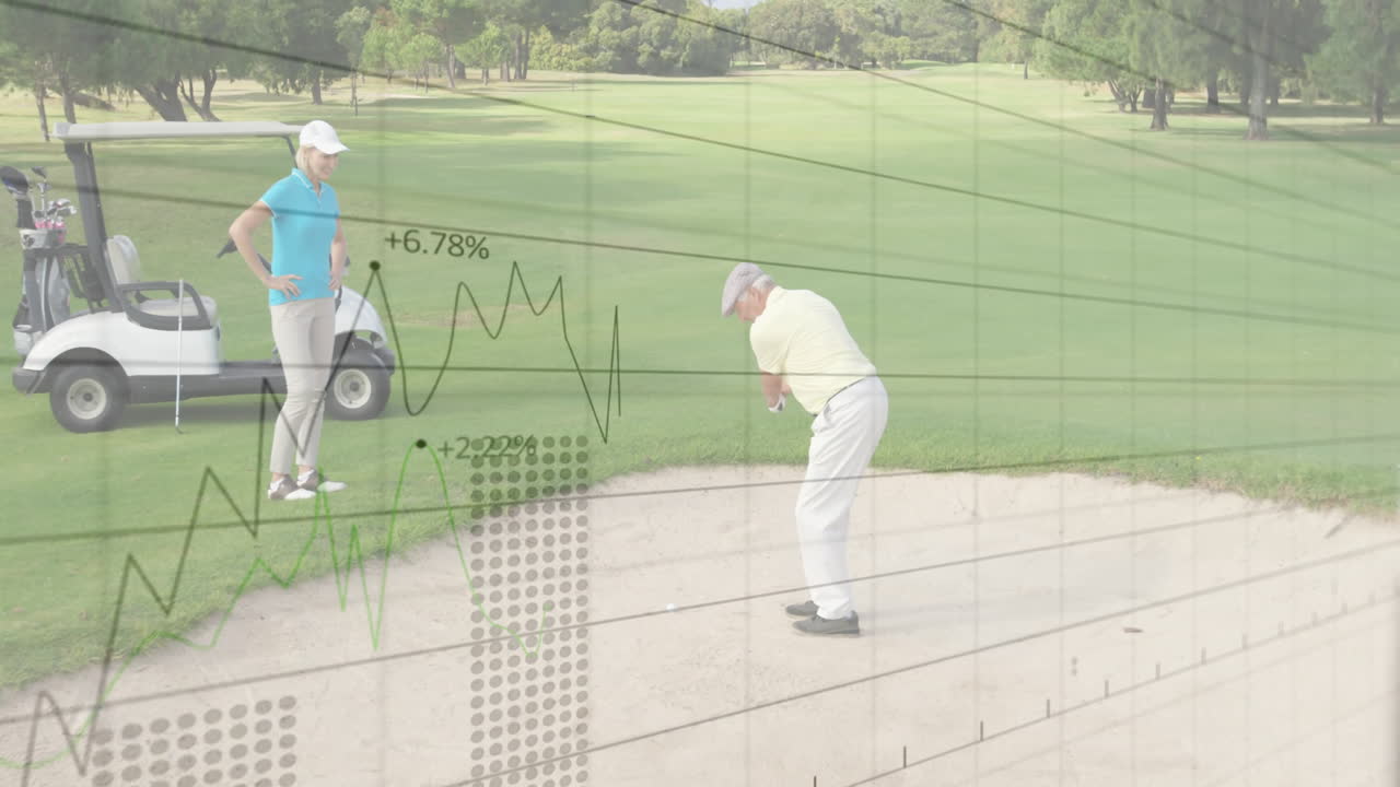 Senior man swinging golf club in sand bunker, showing animated finance line charts and percentages