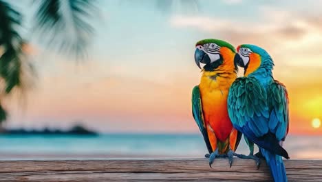 two colorful macaws perched on a wooden railing overlooking a tropical beach at sunset