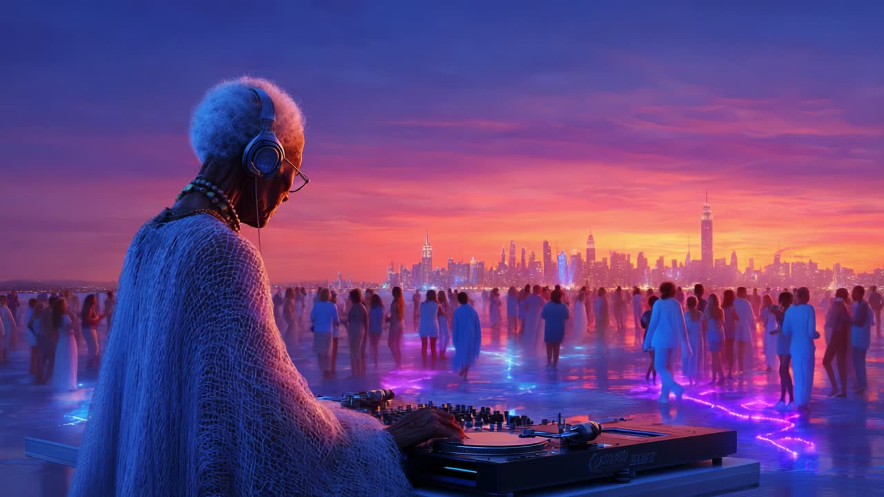 A mesmerizing sunset party scene featuring a DJ spinning tunes for a vibrant crowd, illuminated by colorful lights with a stunning city skyline in the backdrop, creating an unforgettable atmosphere