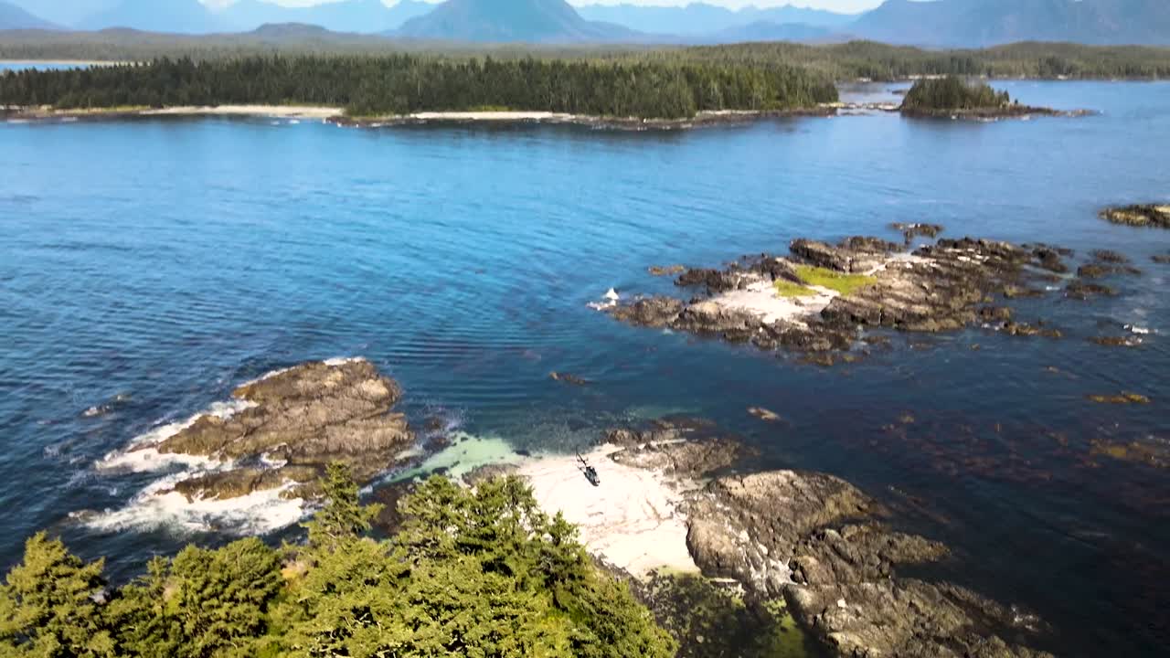 Helicopter on offshore island in ocean