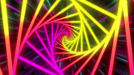 animation of pink and yellow neon spiral pattern moving in hypnotic motion on seamless loop