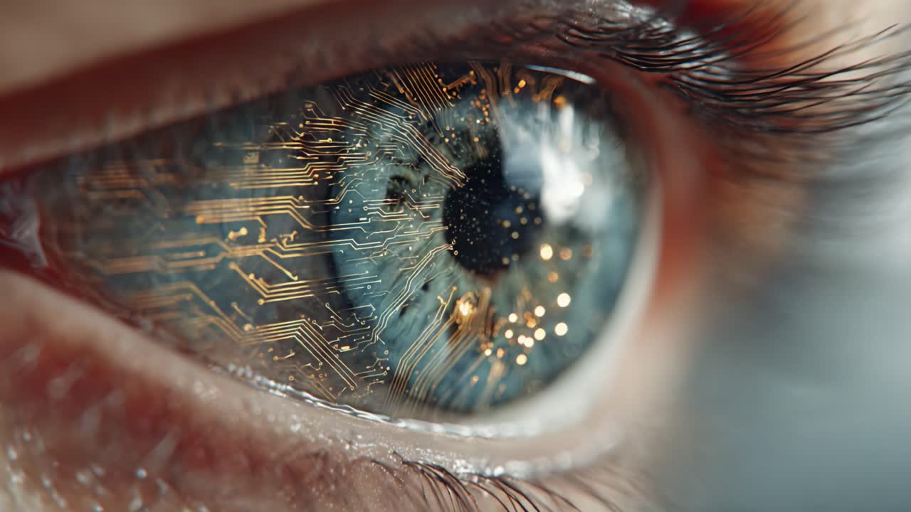 A Close-Up of a Human Eye Enhanced with Circuitry and Digital Elements, Blending Natural Beauty with Technology, Showcasing the Future of Vision and Integration