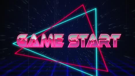 texto de inicio de juego retro glitching sobre triángulos azules y rojos en efecto de hiperespacio blanco
