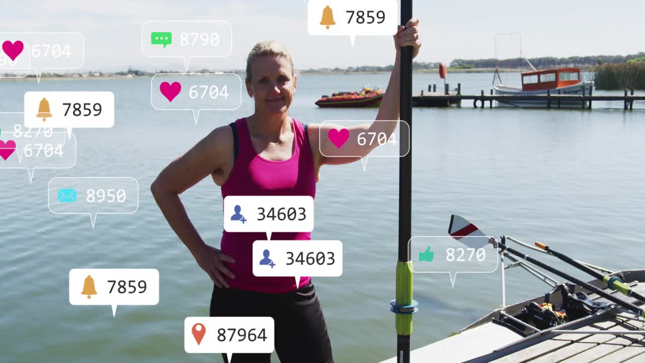 Eine Sportlerin hält am Steg ein Ruder, während Benachrichtigungen ihren Oberkörper überfluten und einen Social-Media-Anstieg signalisieren.