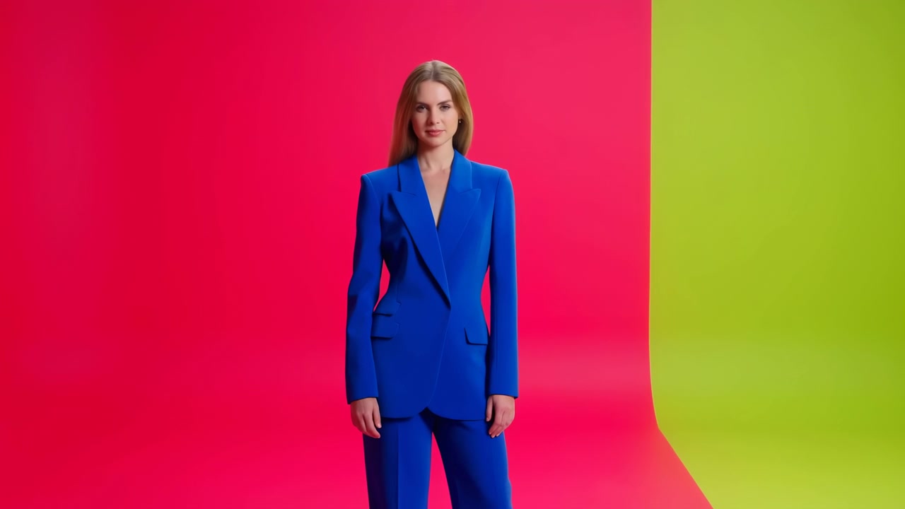 White Woman In Blue Suit Poses Against Neon Pink And Green Backdrop, Minimal Studio Setting, Confident