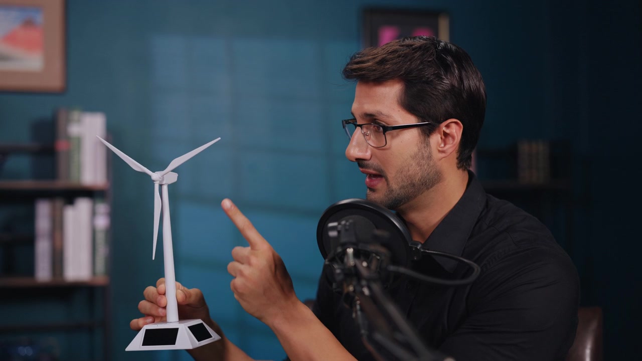 Uomo che presenta un modello di energia rinnovabile in studio.