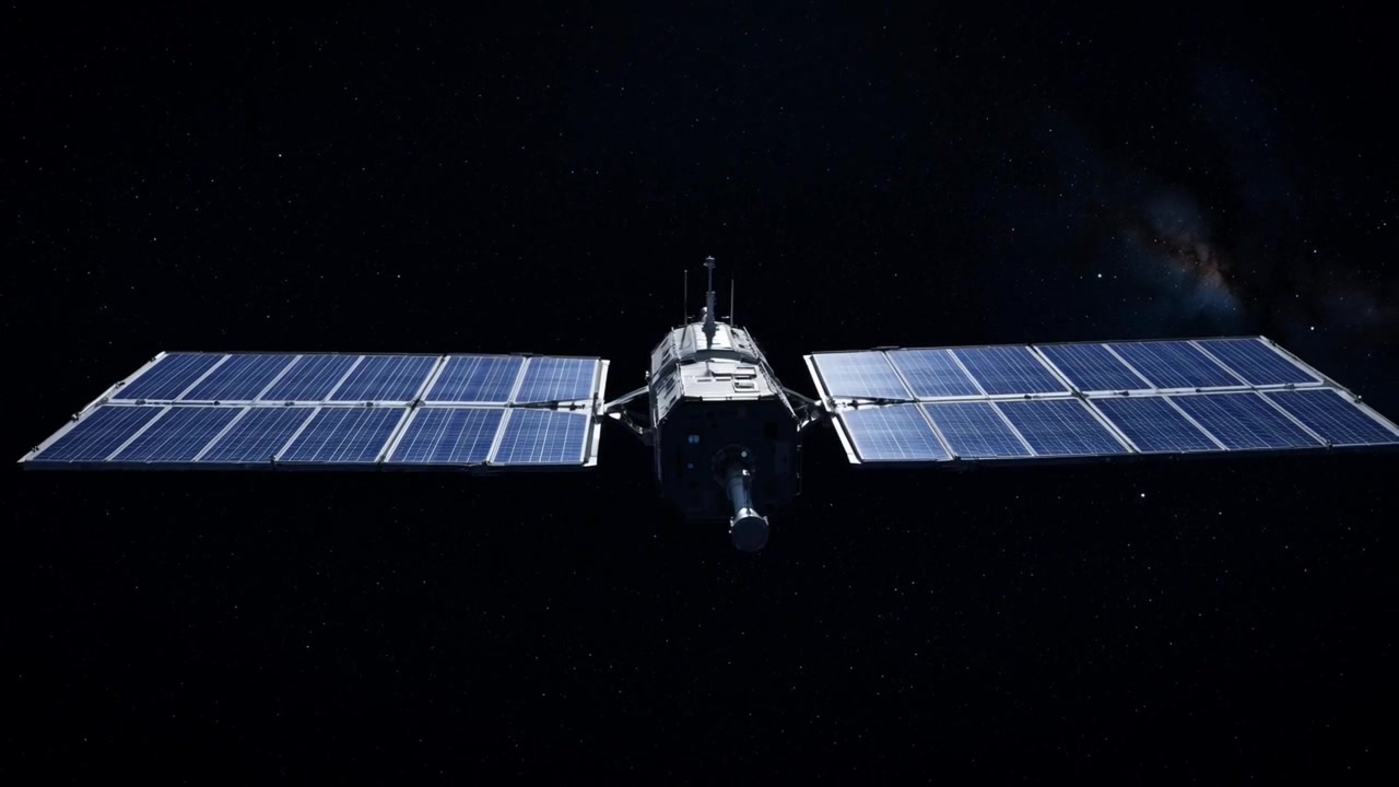 Moderne satellit udfolder solpaneler i det ydre rum