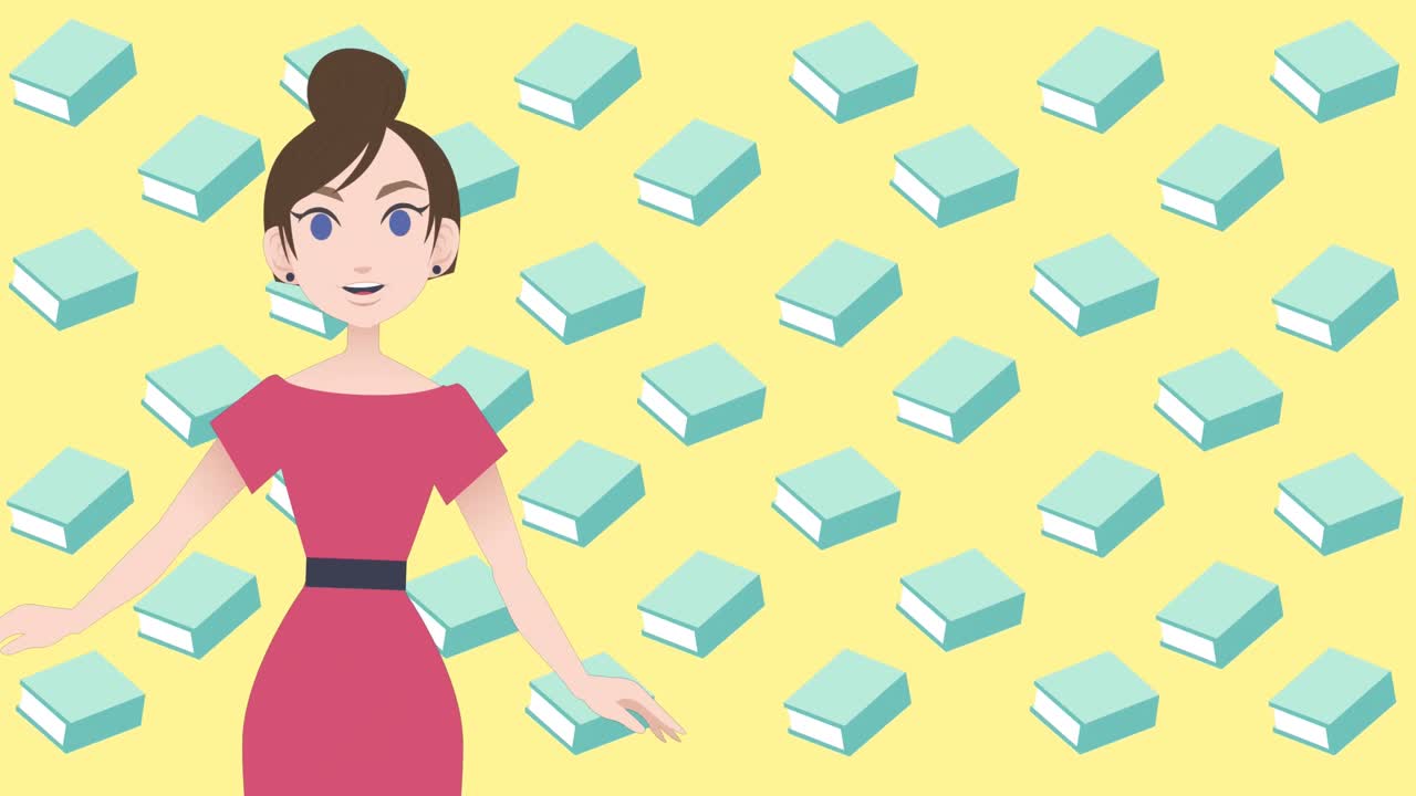 animación de una mujer hablando sobre iconos de libros