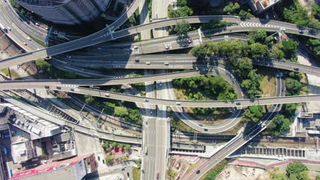 highway interchange with traffic on all levels in downtown hong kong, aerial view