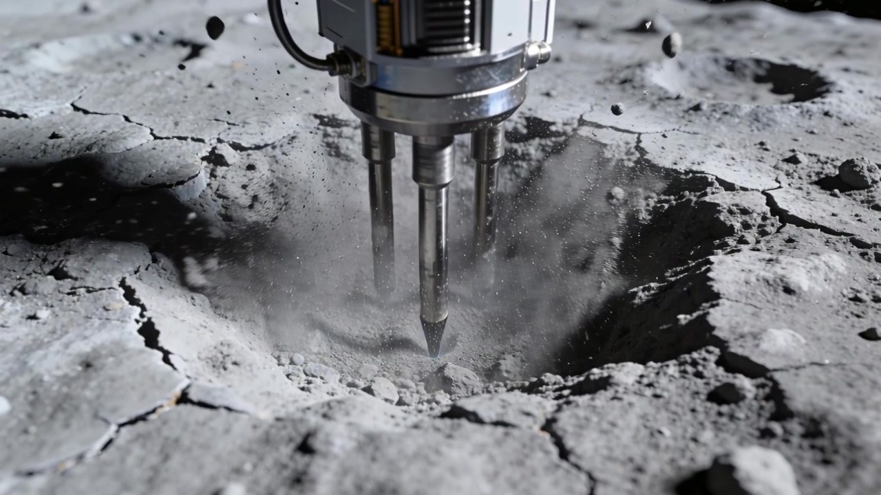 Accendendo il plasma, un trapano a più punte taglia la regolite lunare, creando un cratere ed espellendo rocce.