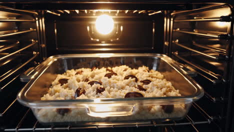 baked rice with mushrooms in oven