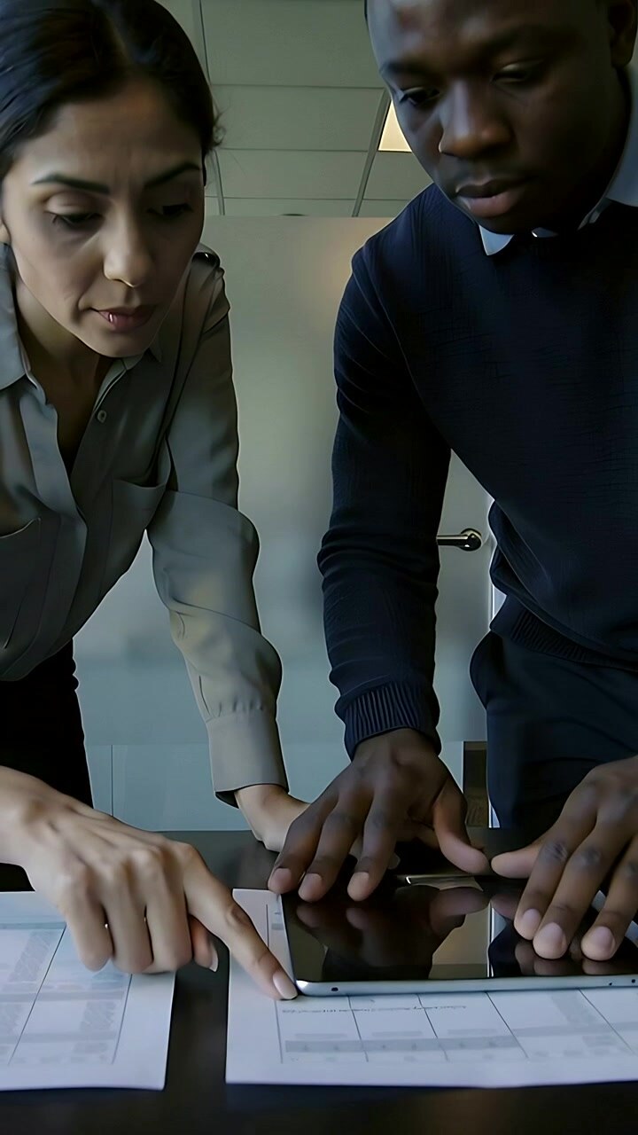 Vertical video: Pointing woman in blouse, man aligning tablet with forms for layout check at office