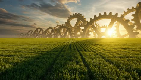A Majestic Fusion of Nature and Machinery: A Serene Landscape Featuring Massive Gears Against a Dramatic Sky at Sunset