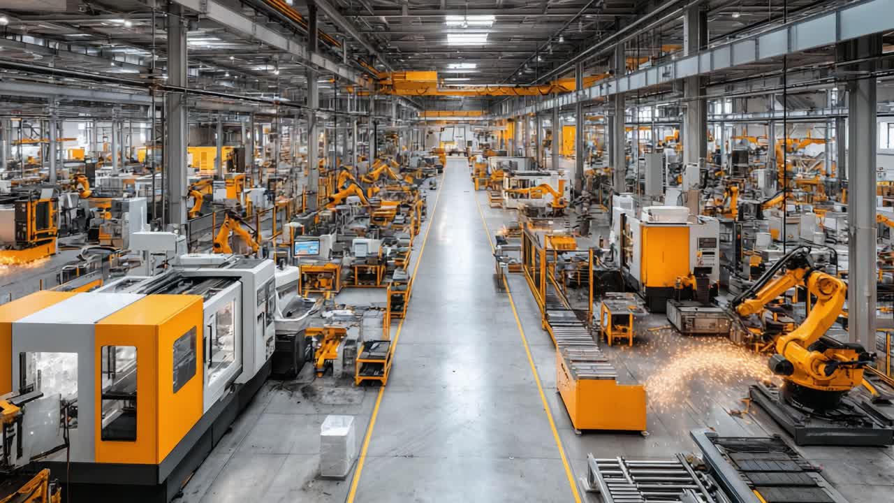 Aerial View of an Automated Manufacturing Facility with Advanced ...
