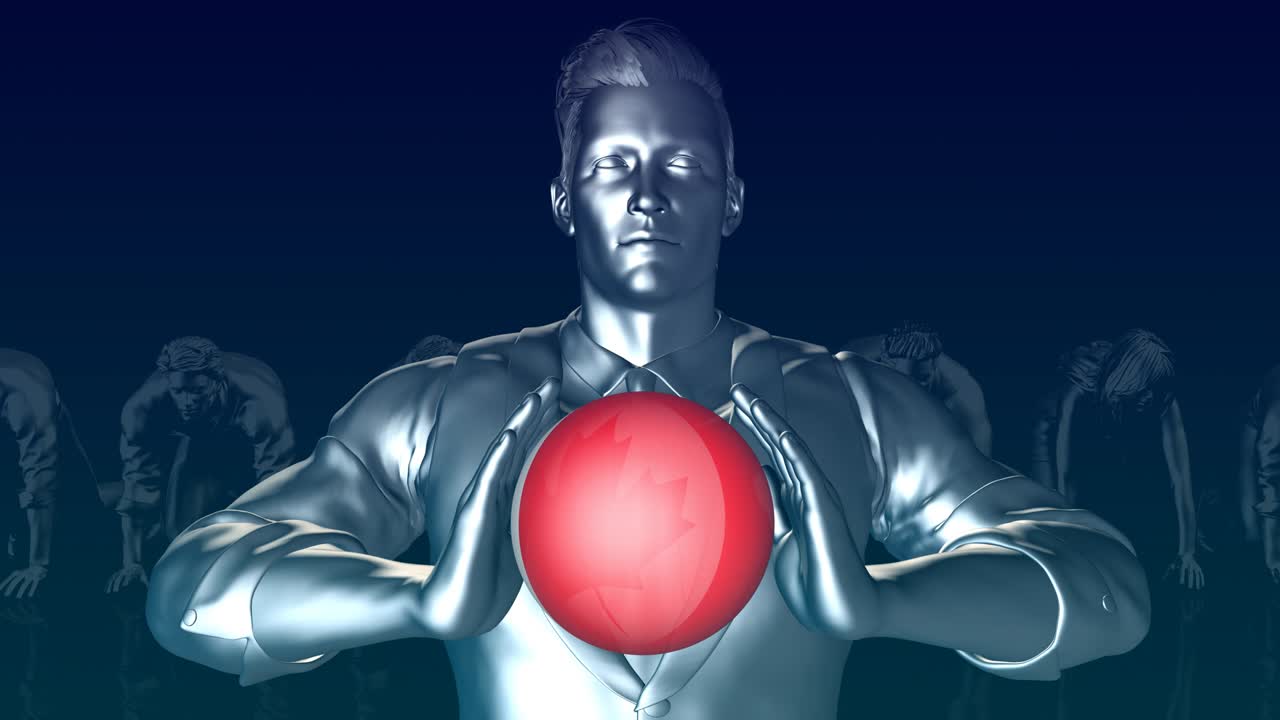 캐나다의 발을 들고 있는 남자가 글로벌 스피어입니다.