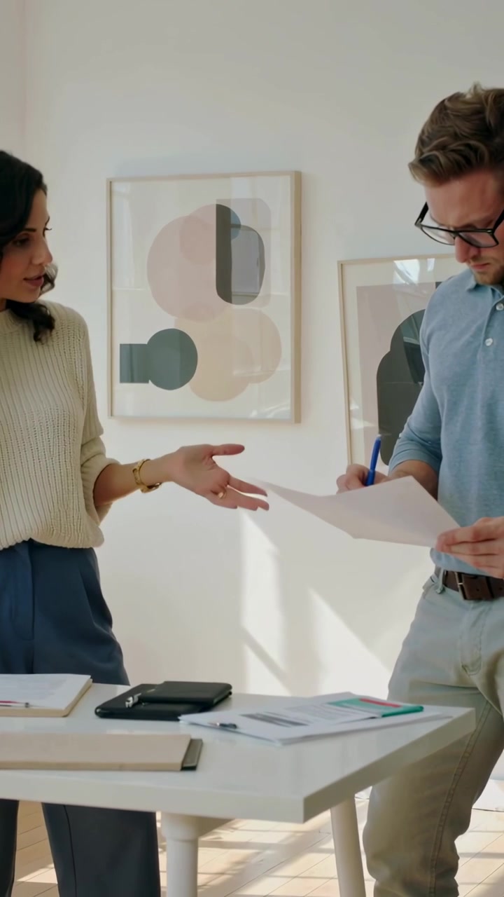Vertical video: Speaking woman in sweater guiding at office while man signing sheet with blue pen