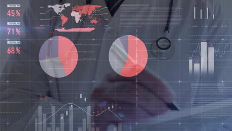 animation of data processing, world map and diagrams over caucasian male doctor writing