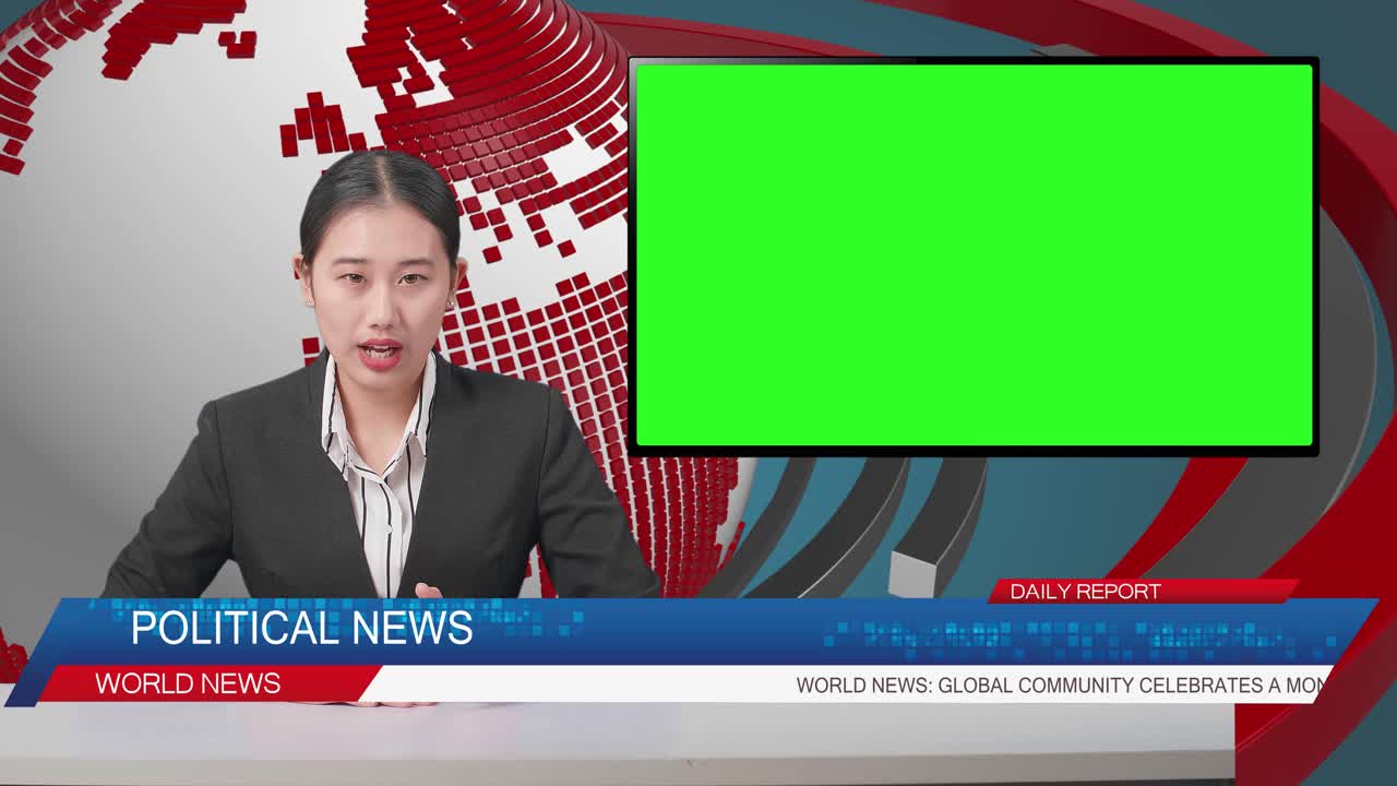 Live News Studio With Asian Professional Female Anchor And Green Screen Television Reporting On The Events Of The Day