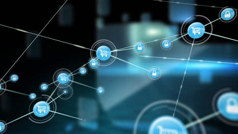 animation of network of connections with icons over shapes on black background